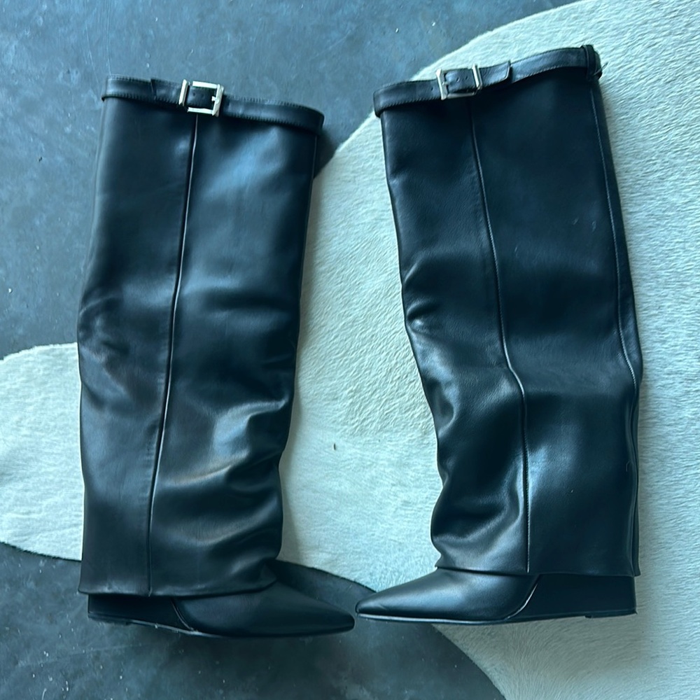Chic Black Leather Tall Boots with Buckle - Picture 1 of 1